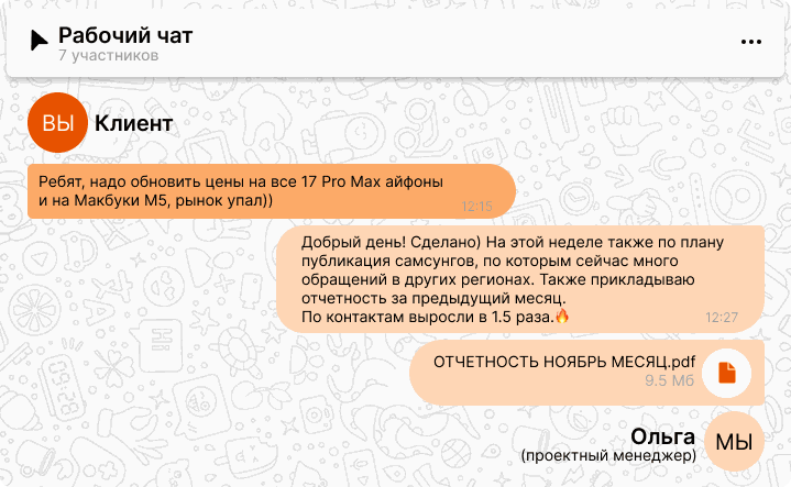 Рабочий чат с менеджером проекта